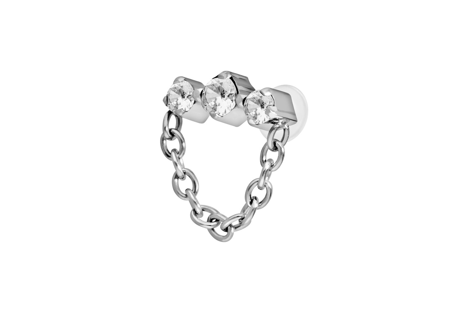 PTFE Labret Piercing mit Innengewinde + Titan-Aufsatz 3 EINGEFASSTE KRISTALLE + KETTE